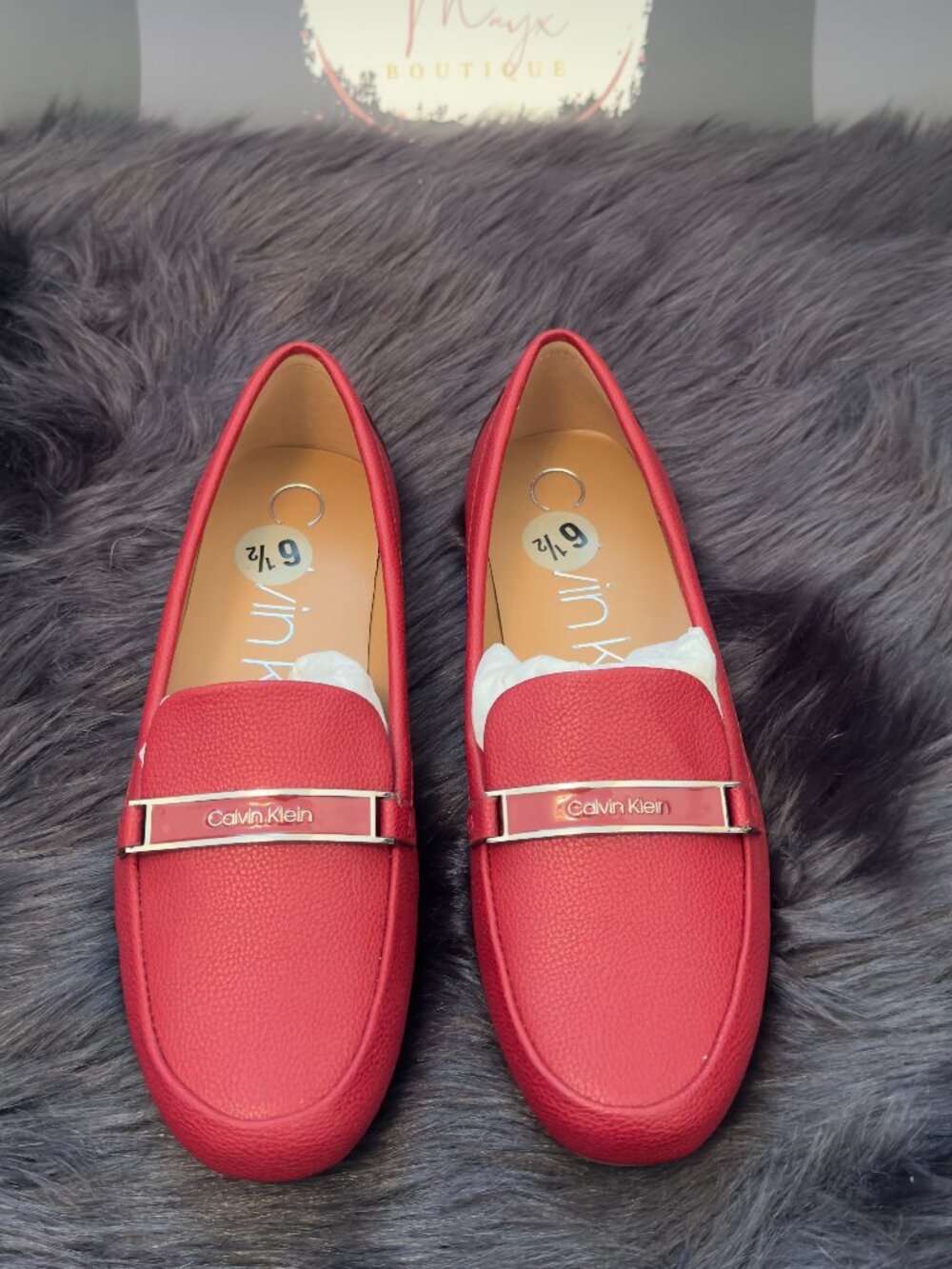 Calvin Klein Red Loafers Silver-Tone Logo Size 6.5 New